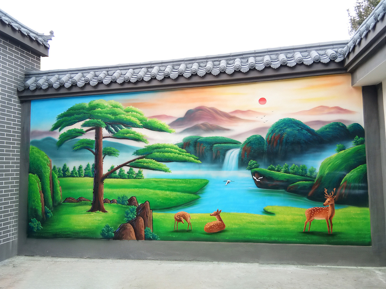 別墅墻繪油畫風(fēng)景迎客松兒時(shí)記憶童趣